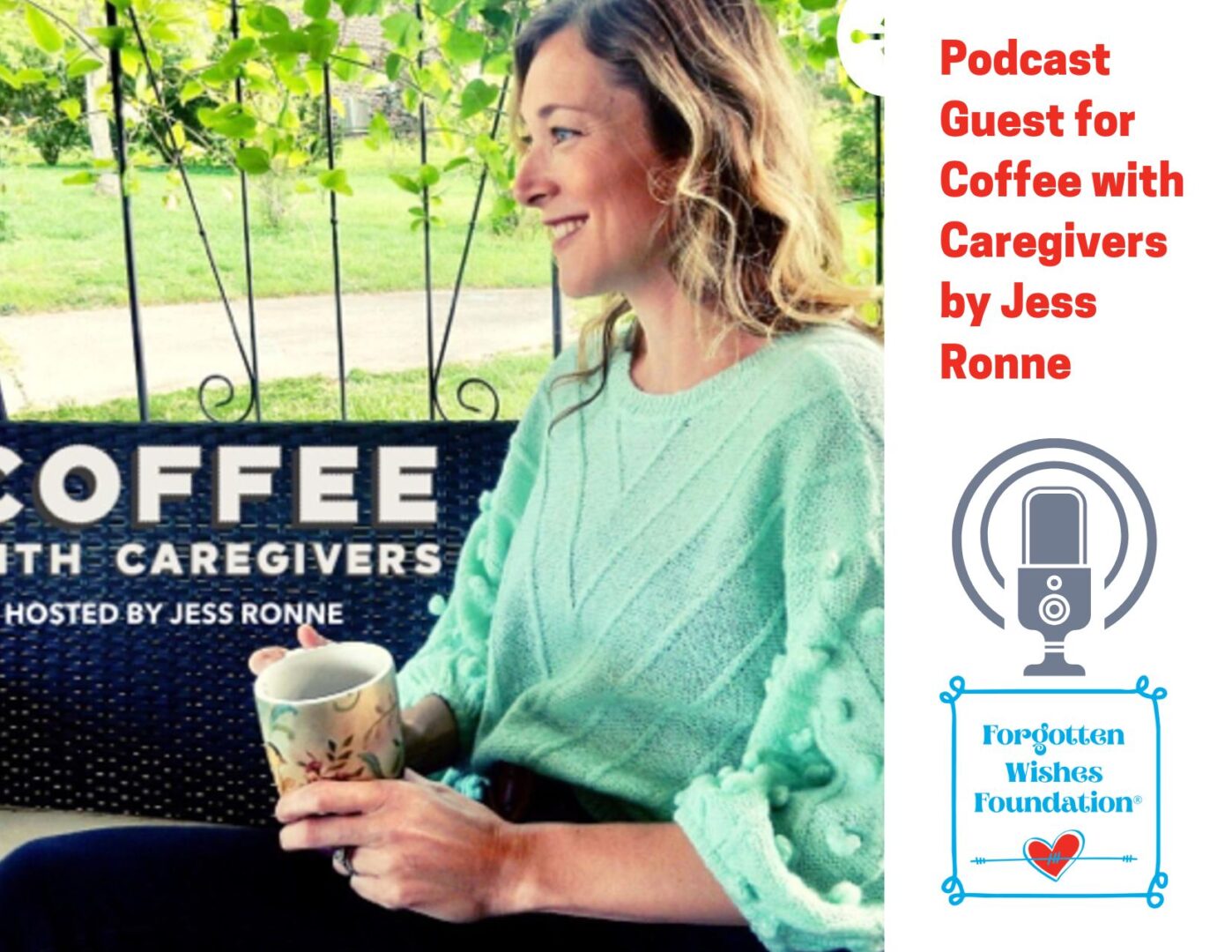 Jess Ronne is a woman sitting drinking a coffee. She is the hostess of the podcast Coffee for Caregivers.