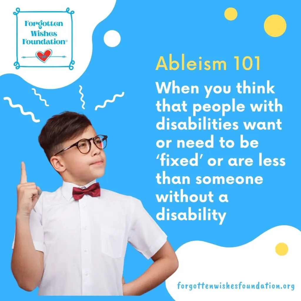 A boy with glasses and a white shirt is pointing upwards and has a quizzicle look on his face.  Text describes ableism.