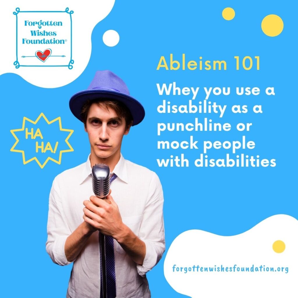 A man in a purple hat and white shirt holds a microphone.  Text describes ableism