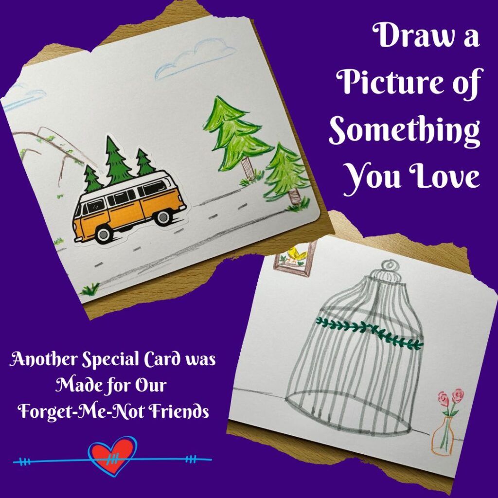 Two handcrafted letters and cards are designed with colored pencils and stickers.  The cards show a scene of a van traveling in the mountains and a tabletop with a birdcage and artwork on the wall