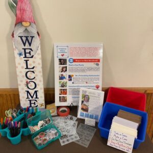 A display of items used to make greeting cards for the Forget Me Not Friends Club program