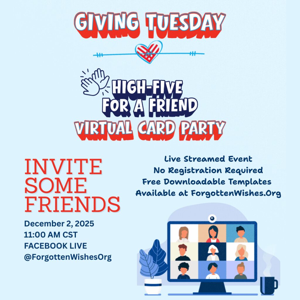 Giving Tuesday Header with Details about Virtual Card Party for Forgotten Wishes Foundation