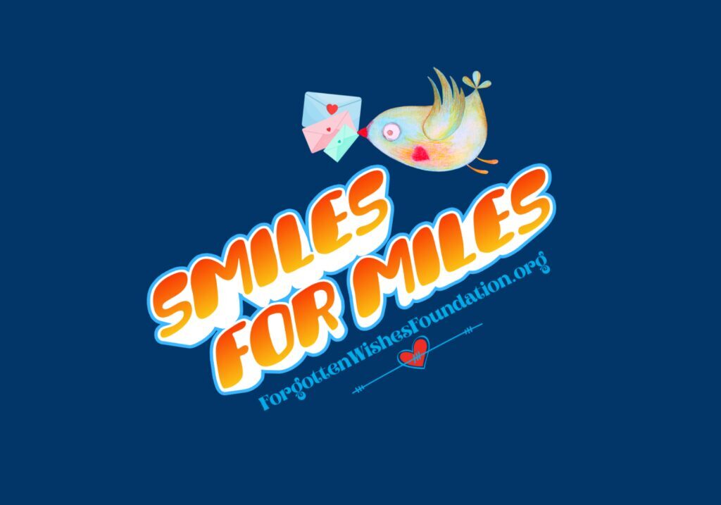 Smiles for Miles text with a dark blue background and a pastel bird flying holding letters